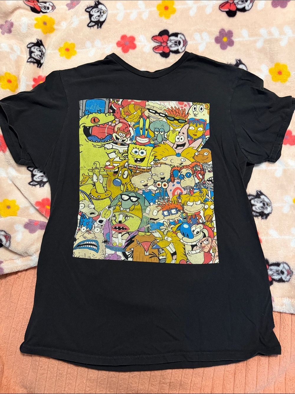 Nickelodeon Black Graphic Tee with Colorful Cartoon Character Collage